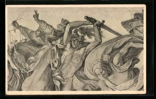 Künstler-AK Kunstwart: Darstellung einer Schlacht und Mann mit Waage