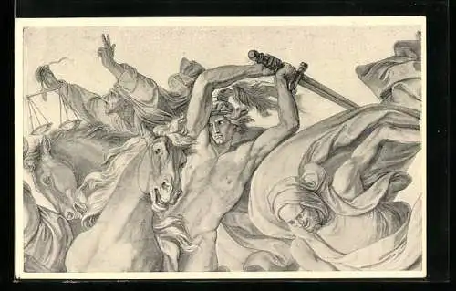 Künstler-AK Kunstwart: Darstellung einer Schlacht und Mann mit Waage