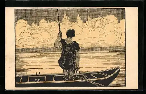 Künstler-AK Kunstwart: Ruderer mit Lanze vor Stadtpanorama