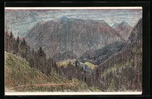 Künstler-AK Kunstwart: Blick durch den Regen auf Berge