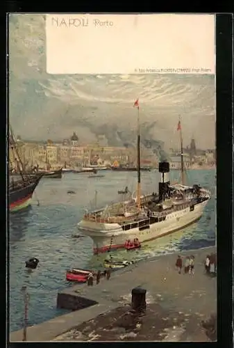 Lithographie Napoli, Am Hafen, Dampfer beim Auslaufen