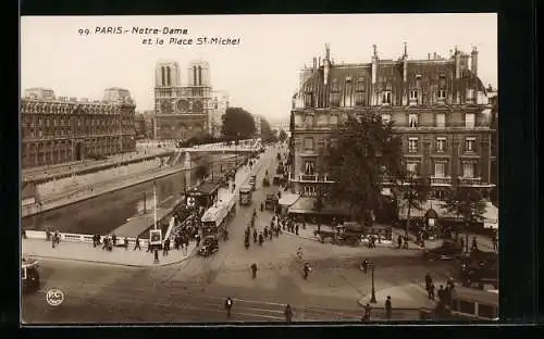 AK Paris, Cathédrale Notre-Dame et la Place St-Michel