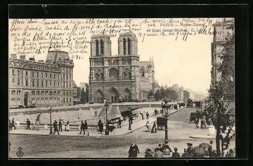 AK Paris, Cathédrale Notre-Dame et Quai Saint-Michel