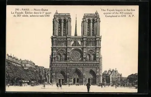 AK Paris, Cathédrale Notre-Dame, La Facade, Édifiée dans le Ier quart du XIIe siècle, achevée vers 1240