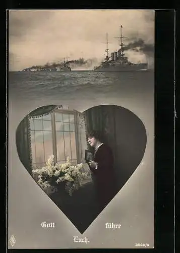 AK Kriegsschiffe auf hoher See, herzförmiges Motiv einer wartenden Frau am Fenster