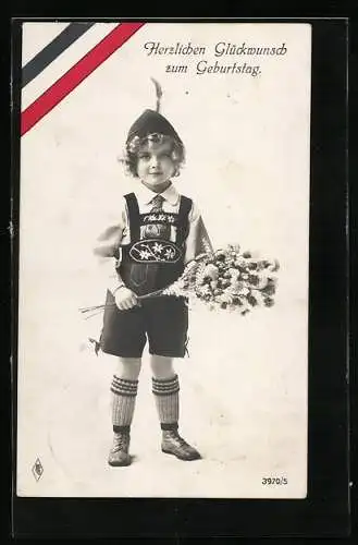 Foto-AK PFB Nr. 3970 /5: Kleiner Junge in Lederhosen mit Blumenstrauss