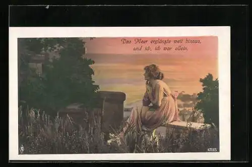 Foto-AK PFB Nr. 4713 /5: Junge schöne Frau alleine auf einer Bank in der Dämmerung