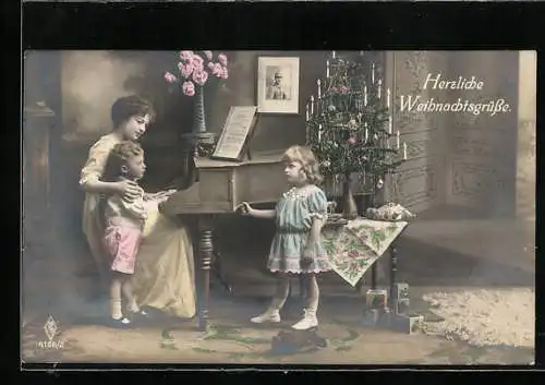 Foto-AK PFB Nr. 4166 /2: Junge Mutter mit ihren zwei Kindern am Klavier zu Weihnachten