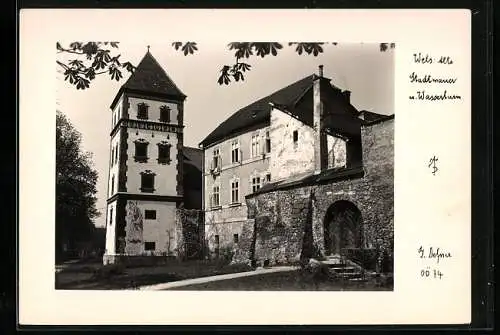 Foto-AK Adalbert Defner: Wels, Alte Stadtmauer m. Wasserturm