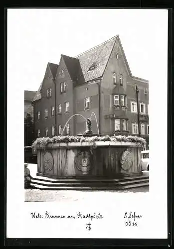 Foto-AK Adalbert Defner: Wels, Brunnen am Stadtplatz vor Hotel
