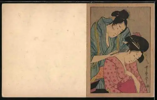 Künstler-AK Geisha wird von ihrem Hausmädchen frisiert