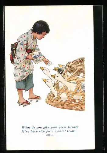 AK Japanisches Kind im Kimono gibt Gänsen Reis zu essen
