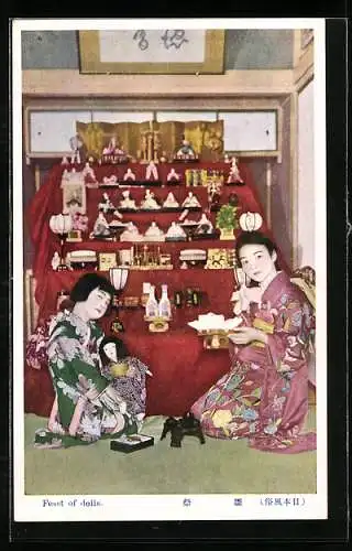 AK Feast of dolls, Junge Geishas bei einer Zeremonie mit Puppen
