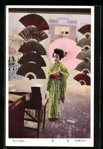 AK japanischer Fächerverkaufsladen, Geisha mit Sonnenshirm