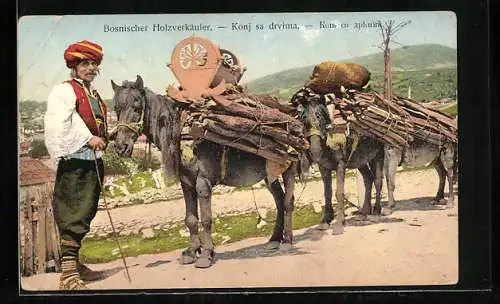 AK Bosnien, Holzverkäufer in Volkstracht mit seinen Pferden, Konj sa drvima