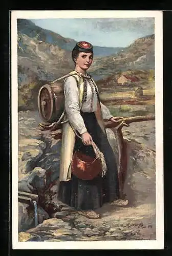 AK Tschechin in Tracht mit einem Fass auf dem Rücken