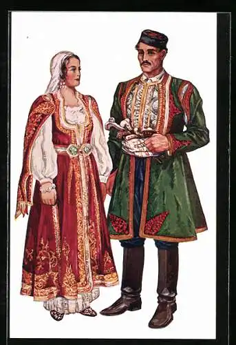 Künstler-AK Junges Paar aus Dalmatien in kroatischen Volkstrachten