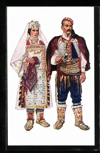 Künstler-AK Kroatische Volkstrachten, Paar aus Dalmatien, Knin-Vrlika