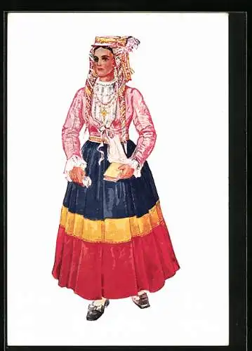 Künstler-AK Junge Dame aus Dalmatien in kroatischer Volkstracht mit Buch