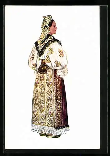 Künstler-AK Dame aus Slawonien in Kroatischer Volkstracht in der Rückansicht