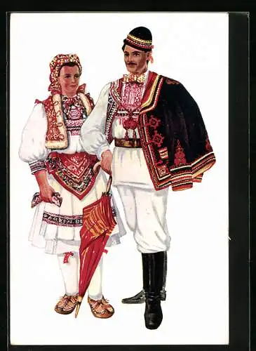 Künstler-AK Paar in kroatischen Volkstrachten mit Regenschirm