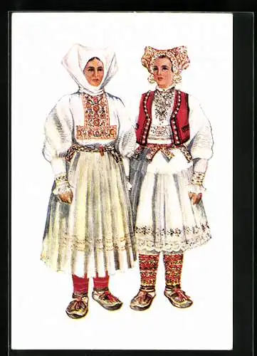 Künstler-AK Zwei junge Frauen in kroatischen Volkstrachten mit Kopfbedeckung