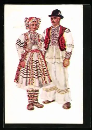 Künstler-AK Junges Paar in bunten kroatischen Volkstrachten mit Hut und Kopfbedeckung