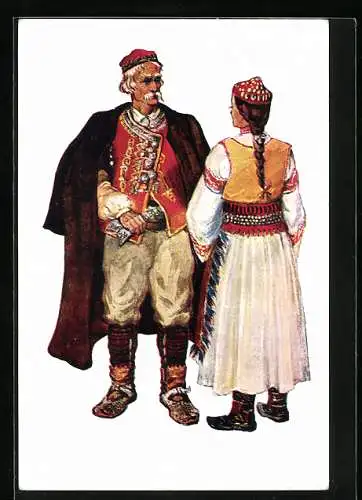 AK Dalmatien, Mann und Frau in einer kroatischen Volkstracht, Benkovac-Kotari