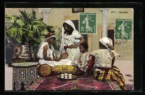 AK Frauen und Knabe beim Tee, Szene im Harem