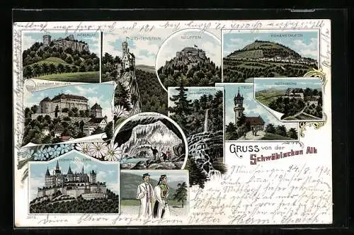 Lithographie Achalm, Tübinger Schloss, Hohenzollern, Neuffen, Teck, Rechberg, Nebelhöhle, Uracher Wasserfall, Lichtenste