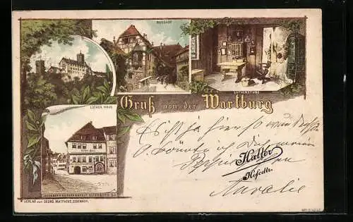 Vorläufer-Lithographie Eisenach, 1894, Wartburg, Inneres Lutherstube, Burghof
