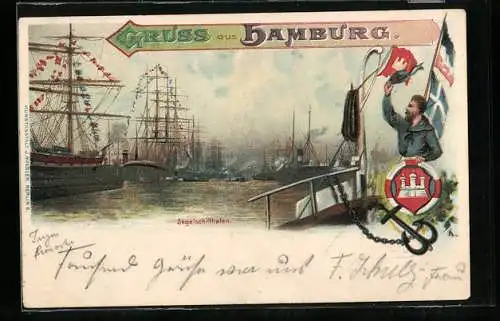 Lithographie Hamburg, Segelschiffhafen, Panorama