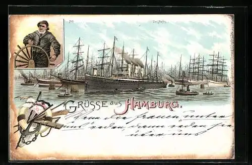 Lithographie Hamburg, Segelschiffe und Dampfer im Hafen