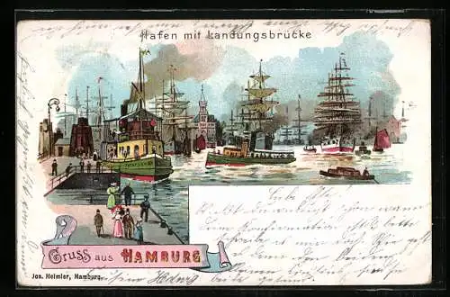 Lithographie Hamburg-St. Pauli, Hafen mit Landungsbrücke, Dampfer, Segelschiffe