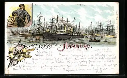 Lithographie Hamburg, Segelschiffe und Dampfer im Hafen