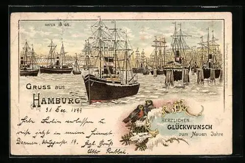 Lithographie Hamburg, Hafen im Eis mit Segelschiffen