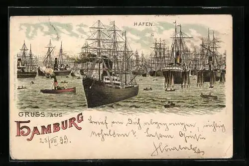 Lithographie Hamburg, Reger Verkehr im Hafen