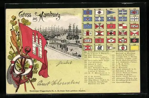Lithographie Hamburg, Hafen, Flaggen Hilfesignal u. Bootsflagge Dtsch. Ges. z. r. Schiffb., Quarantäneflagge