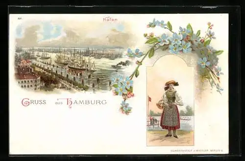 Lithographie Hamburg-Harburg, Hafen, Frau in Trachten, Segelschiffe, Vergissmeinnicht