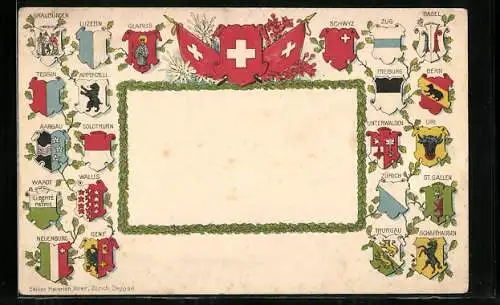 Präge-Lithographie Zug, Wappen von Basel, Bern und Uri