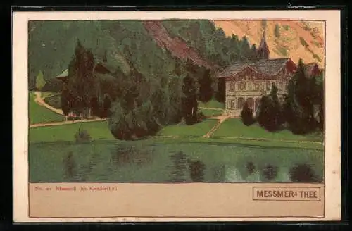 Lithographie Blauseeli, Blick zum Haus im Kanderthal, Reklame für Messmer-Tee