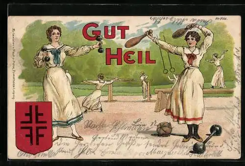 AK Turnerinnen mit Hanteln und Keulen auf dem Sportplatz, Wappen