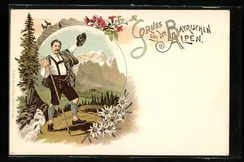 Lithographie Bergsteiger beim Grüssen