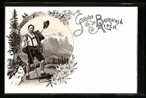 AK Gruss aus den bayrischen Alpen, Bergsteiger in Tracht und Alpenblumen