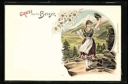 Lithographie Bergsteigen, Frau in Tracht winkt mit Hut