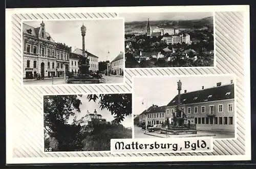 AK Mattersburg /Bgld., Hotel Post mit Denkmal, Volksbank mit Denkmal, Schloss