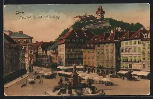 AK Graz, Hauptplatz mit Denkmal und Schlossberg