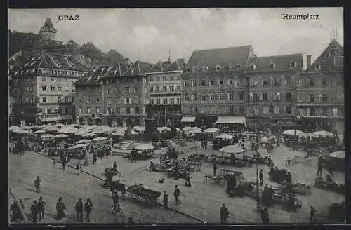 AK Graz, Hauptplatz mit Markt und Geschäften