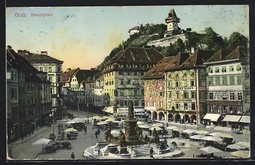 AK Graz, Hauptplatz mit Geschäften und Denkmal