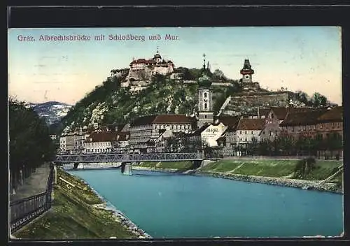 AK Graz, Albrechtsbrücke mit Schlossberg und Mur